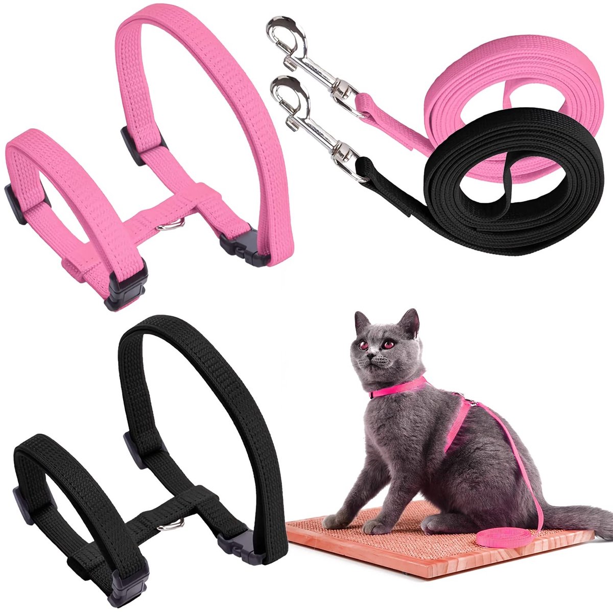 Dailygoods - Dailygoody - Zacht Kattenharnas - Anti-Ontsnapping - Verstelbaar Nylon - Zwart/Roze - Kattenvest voor Kittens en Puppy’s - Inclusief Lijn