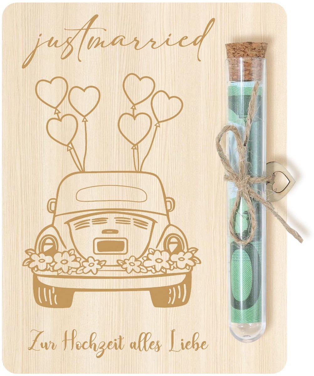 Dailygoody - Geldgeschenk bruiloft - Huwelijkscadeau - Grappige Just Married cadeaus - Hout - Perfect voor reizen - Vrijgezellenavond - Inclusief enve