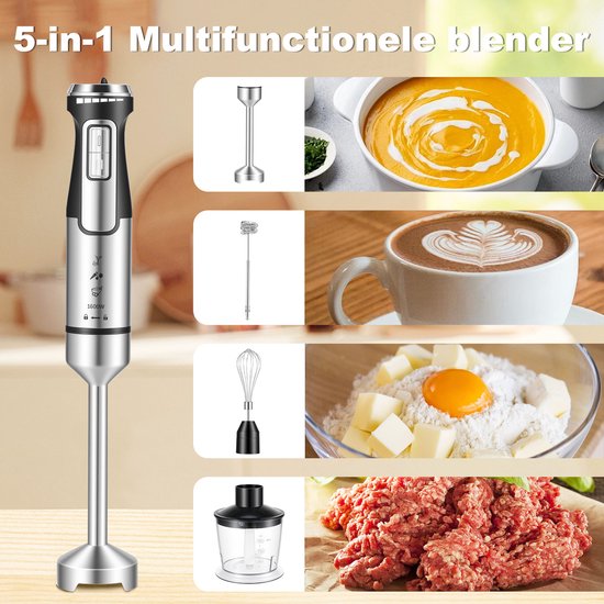 Svintora - Staafmixer Set 5-in-1 -1600W Handblender -Incl.Hakmolen, garde, melkopschuimer & Maatbeker - 6 Snelheden - RVS van Svintora — afbeelding 2