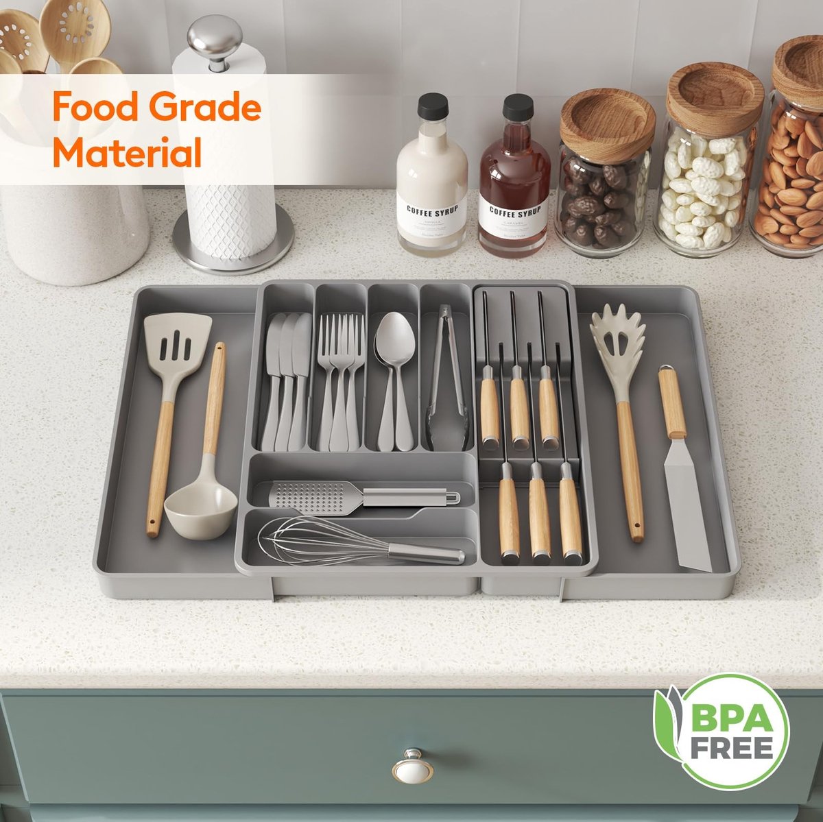 Dailygoods - Dailygoody - Bestek Lade Organisator - Uitbreidbare Bestekbak - Verwijderbaar Messenblok - Grijs - Verstelbare Houder - Keukengerei Opbergvak - Geschi