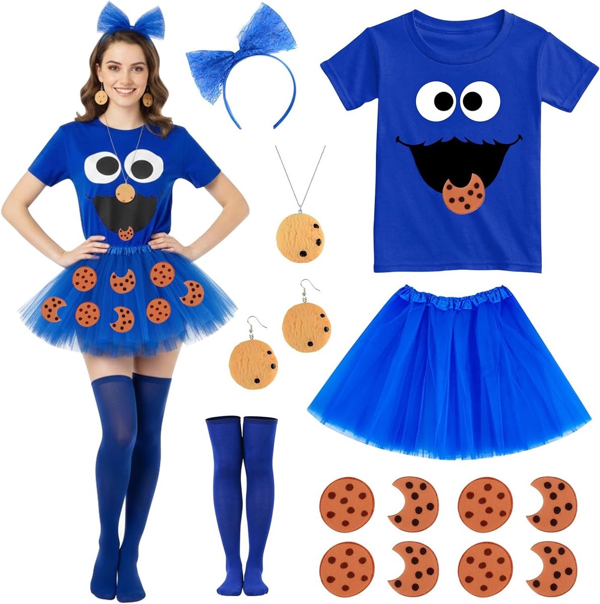 Vrouwelijk Blauwe Monster Kostuum voor Carnaval met T-Shirt, Tulle Rok, Haarband, Sokken en Accessoires voor Halloween Feestjes