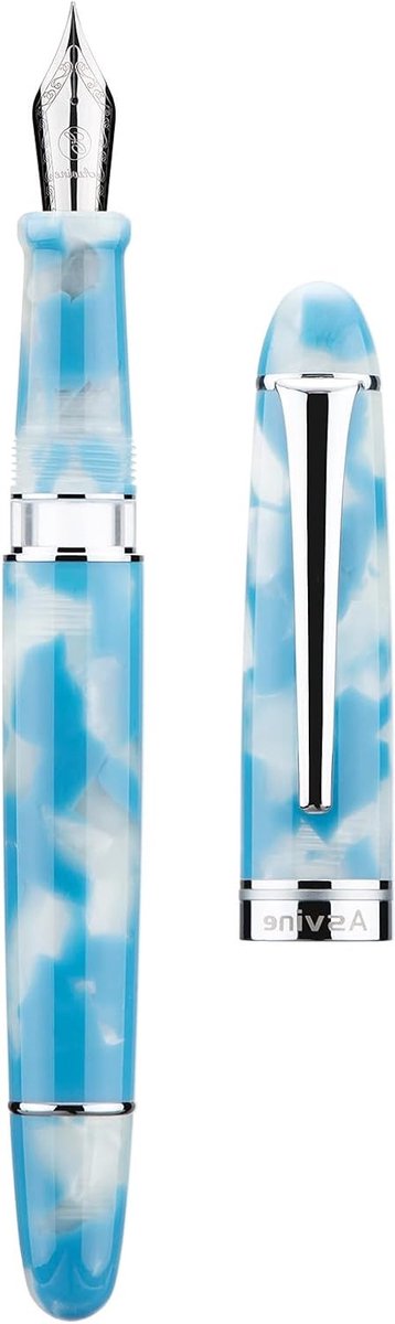 Piston Vulpen in Hemelsblauw Hars met Medium Nib en Zilveren Afwerking - Luxe Schrijversset met Pennendoos als Cadeau