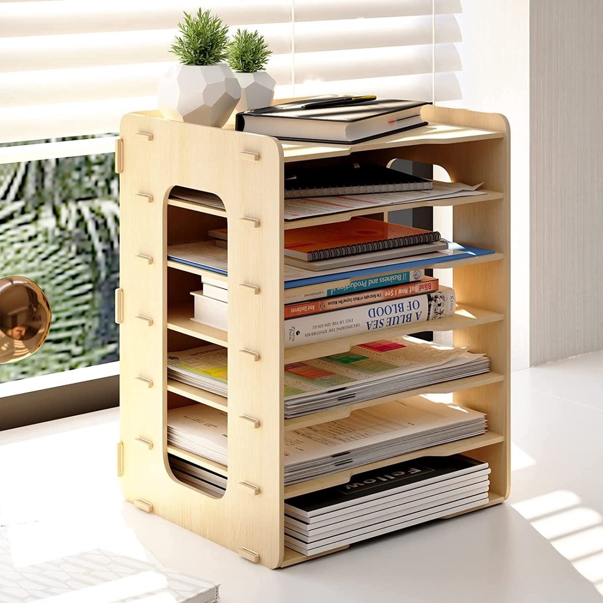Dailygoody - Boekorganizer - Houten Organizer - 7 Planken - Documenten Organizer - Praktische Bureau Organizer - Geschikt voor Kantoor en Thuis