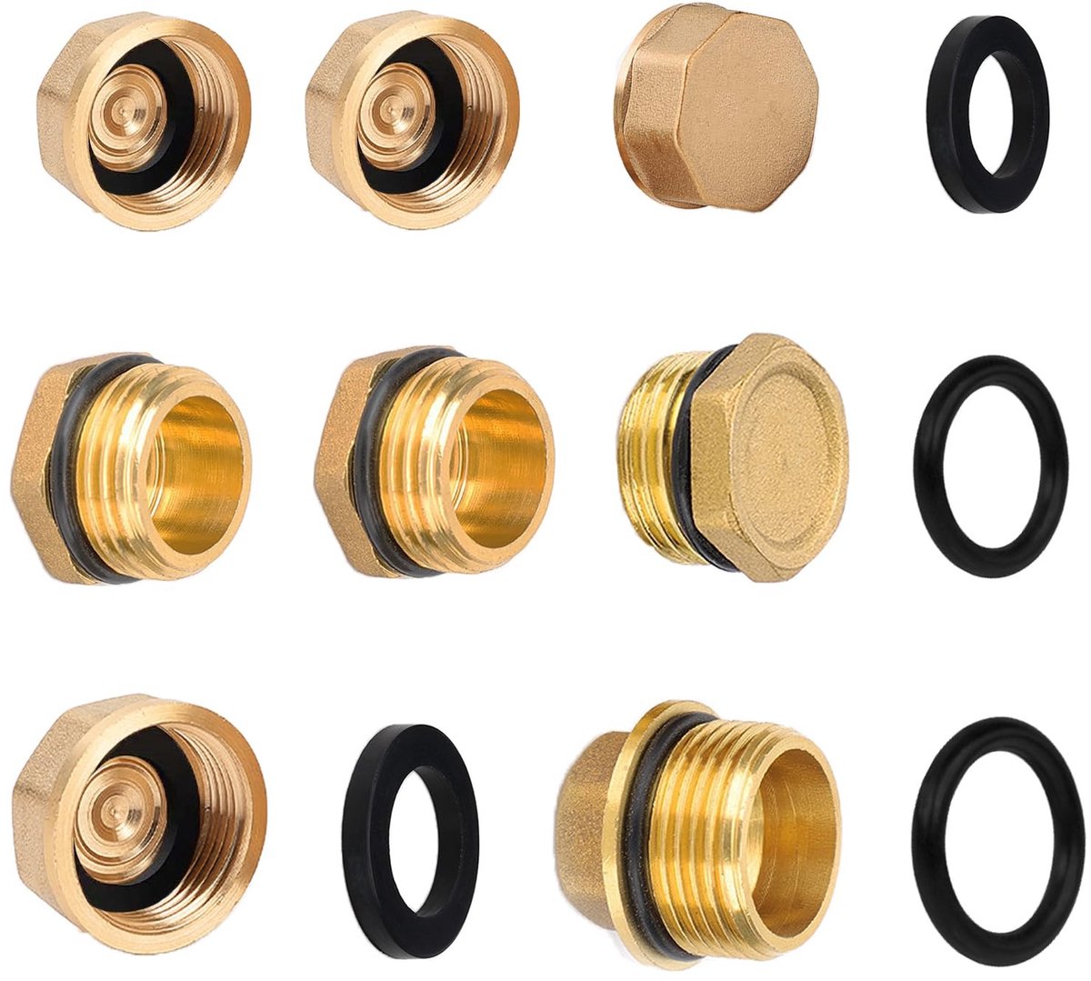 Dailygoods - Dailygoody Messing Pijppluggen - 8 Sets - Goud - Mannelijke/Vrouwelijke Draad - Geschikt voor 1/2 en 3/4 Inch