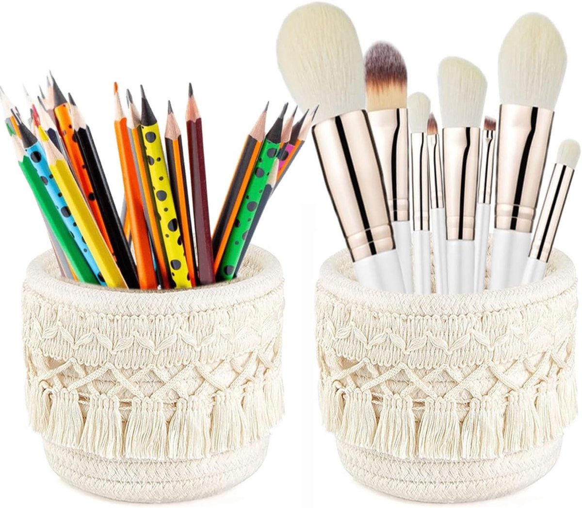 Set van 2 Make-up Borstelhouders, Mini Gevlochten Mand, 10 x 10 cm, Organiser voor Cosmetica, Boho Stijl, Opbergdoos voor Make-up, Pennen en Accessoires