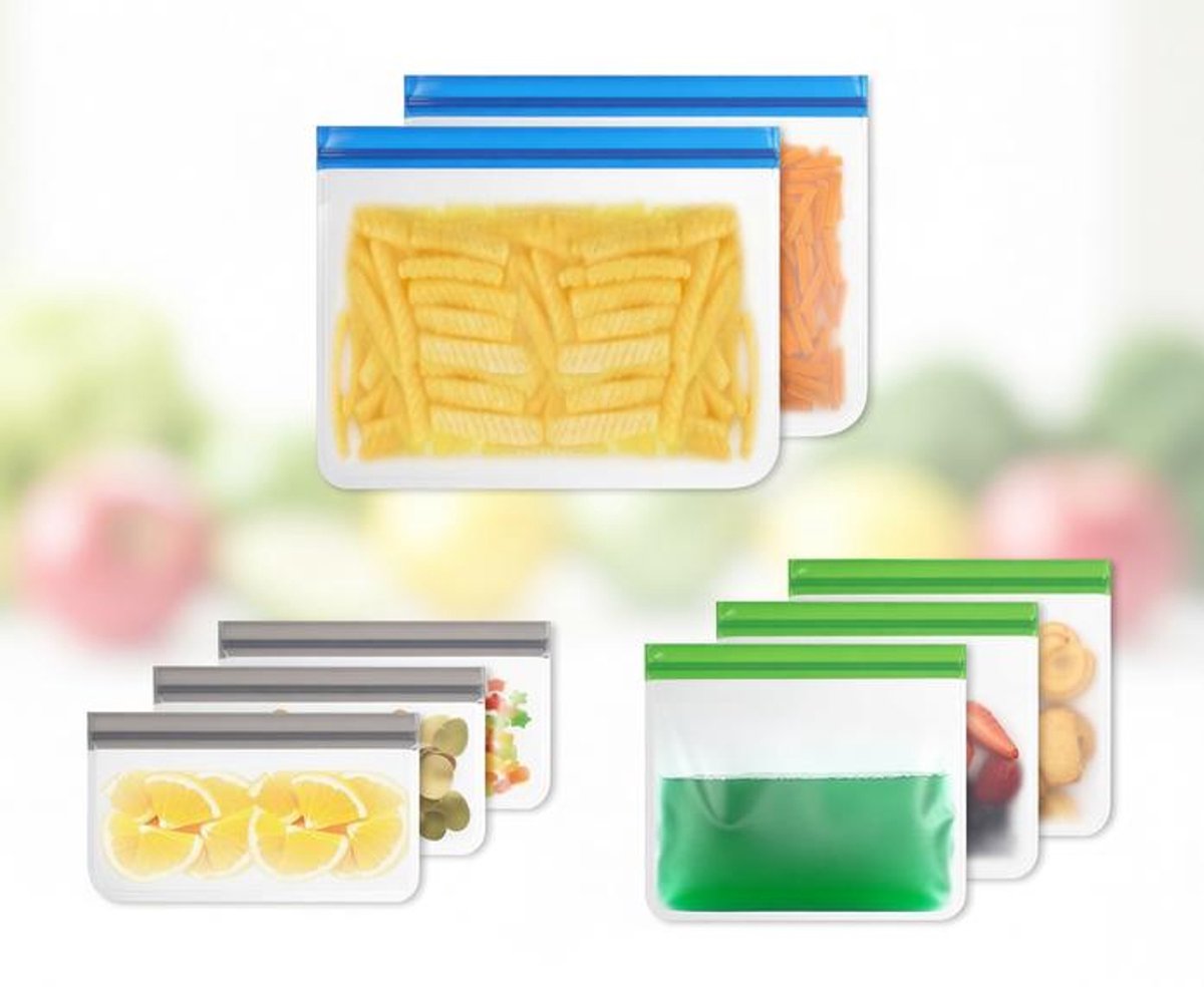 ElleMooi Herbruikbare voedselopbergtassen - Set van 8 - Ziplock sandwichzakken - Diepvrieszakken - Lekvrije opbergtassen - BPA-vrij - Grote voedselzakken - Diepvrieszak voor sandwich en snack