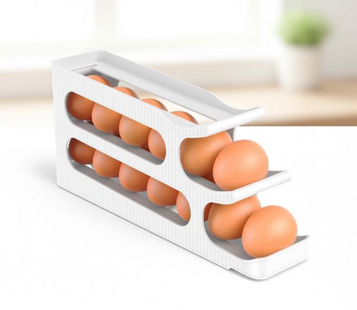 ElleMooi Eierhouder 3 Laags Automatische Rollende Eierdispenser voor Koelkast Opslag, 18 Eieren, Wit