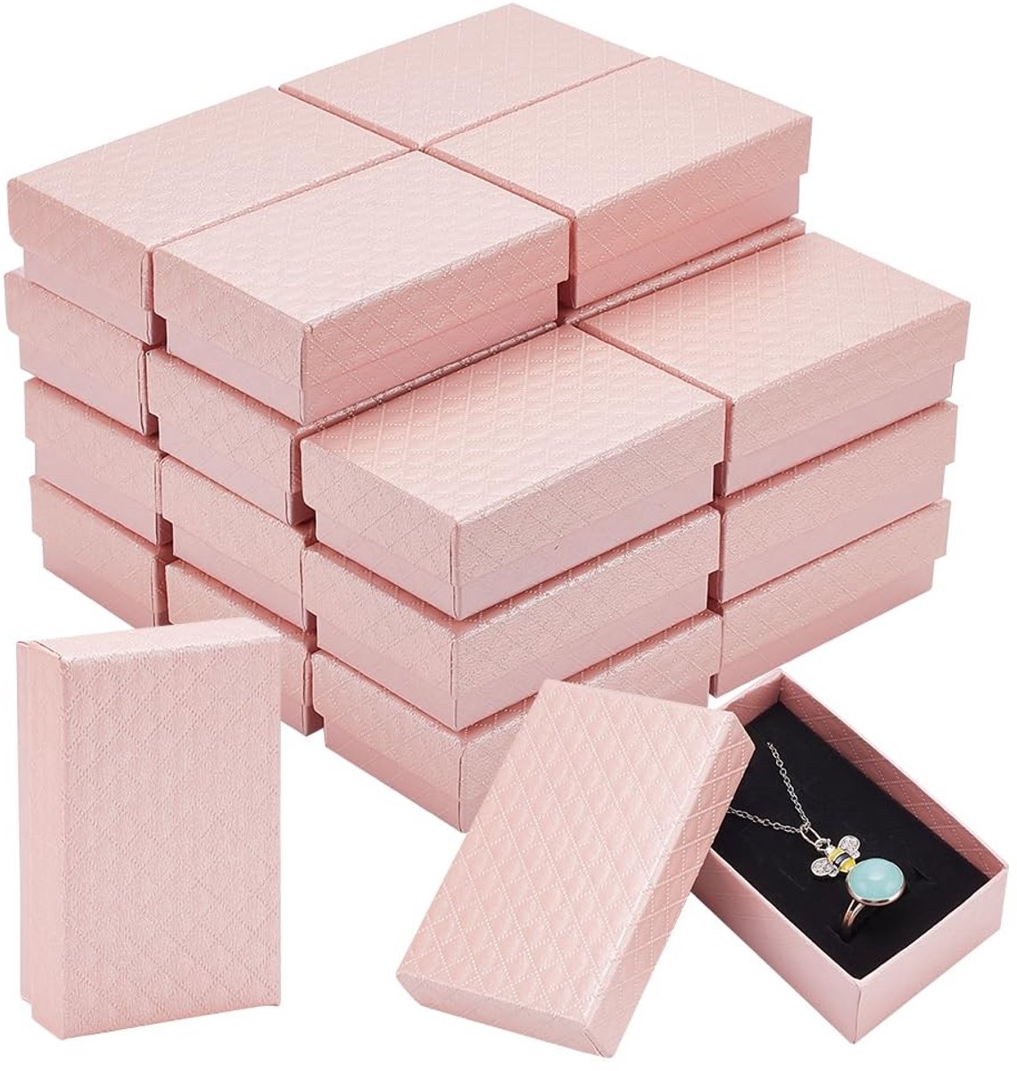 SMOAKEZ- Juwelendoosjes 24 stuks - Kartonnen Geschenkdozen - Roze Diamantpatroon - 8,4 x 5,35 x 2,9 cm - Fluwelen Sponsinzetstuk - Voor Feestdagen