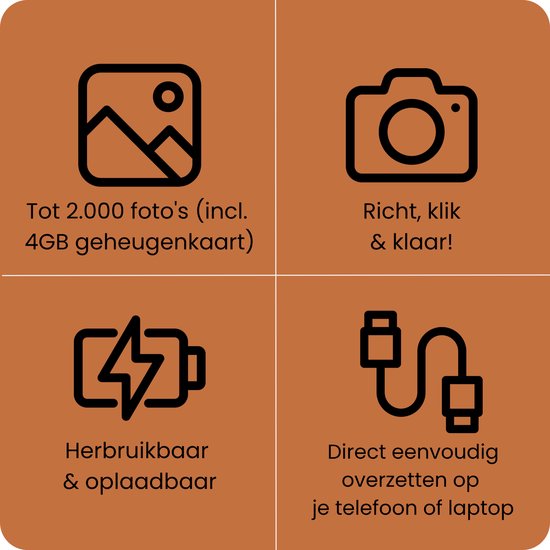 Vier iconen: 2000 foto's op 4GB, 'richt, klik & klaar', oplaadbaar en direct overzetten.