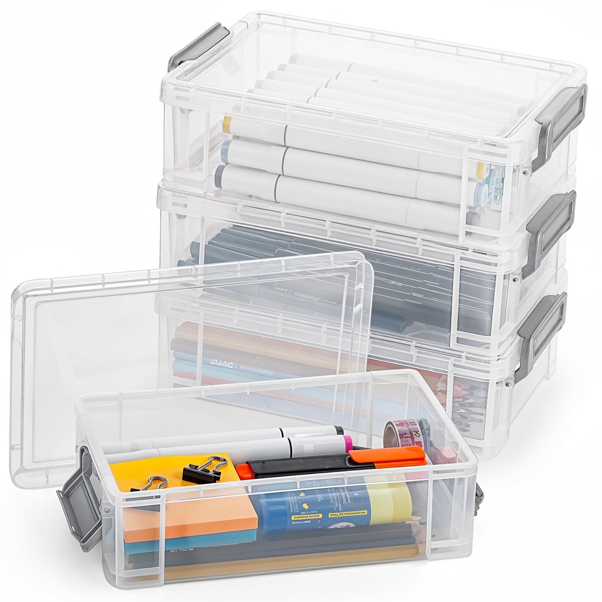 Dailygoods- Plastic Doos Stapelbaar - 4 Pak - Kunstmaterialen Organizer - Kantoorspullen Opslag - Transparant - Duurzaam Plastic - Opslagdozen