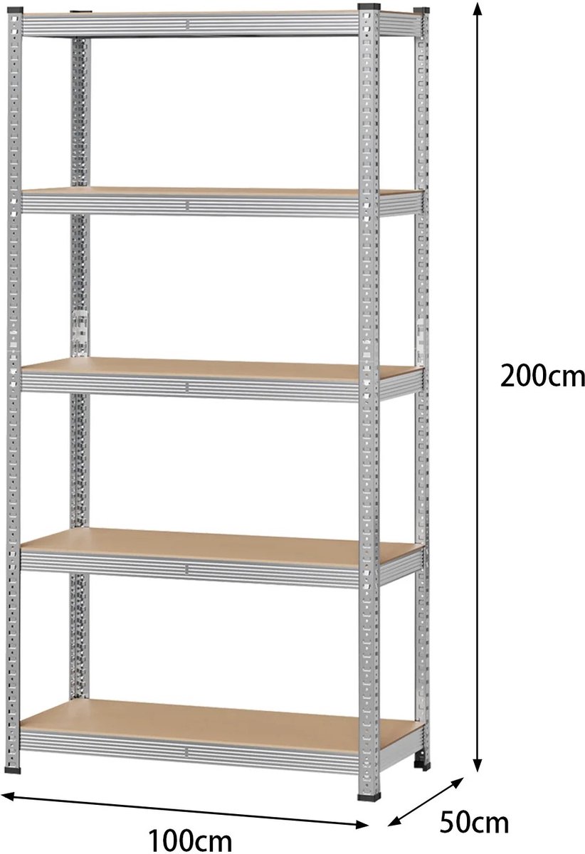 Dailygoods Zwaar uitgevoerde rek, opbergplank, keukenplank, 5 lagen, 50 x 100 x 200 cm, 750 kg draagvermogen, voor kelde