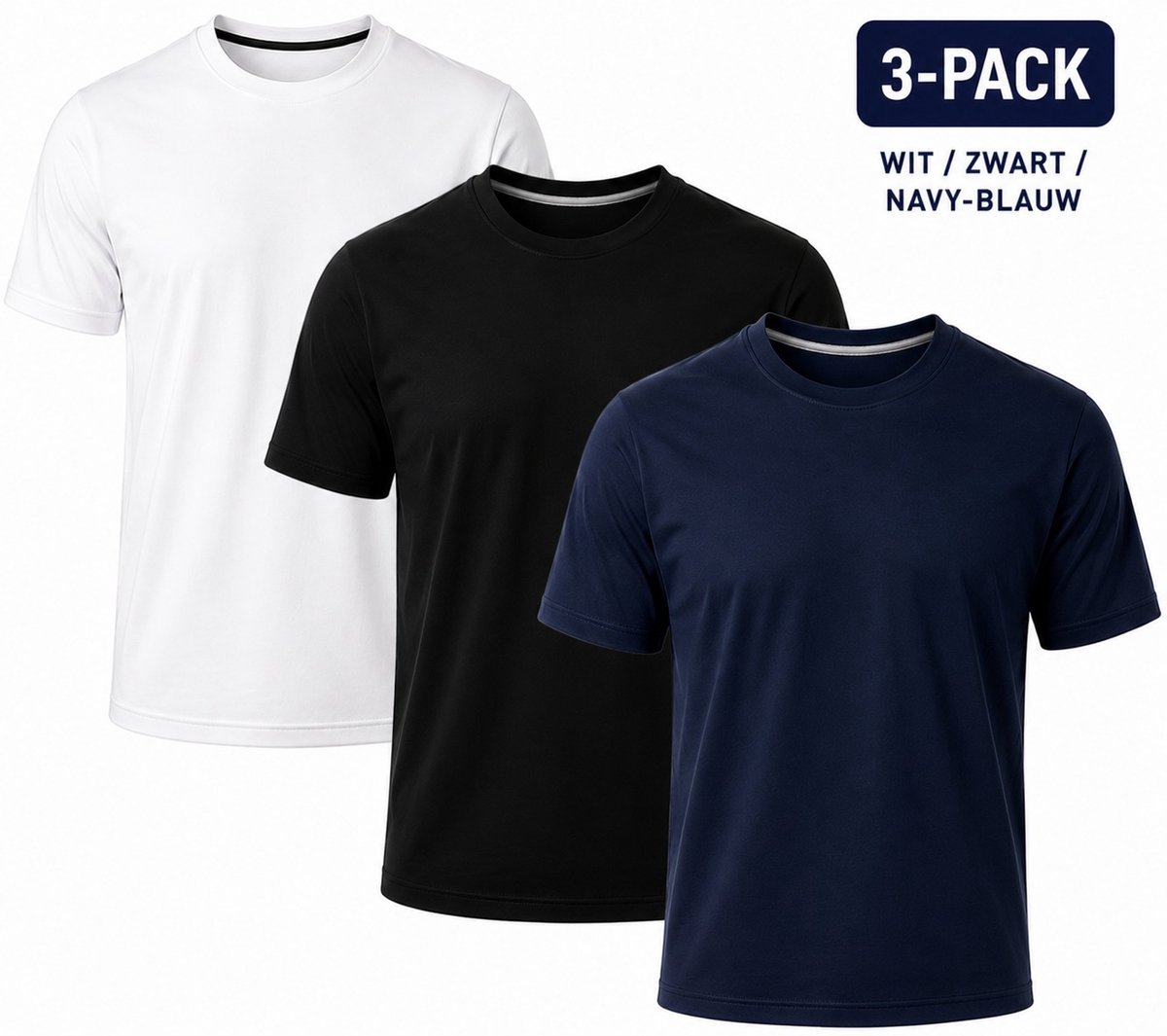 Comfortabele 3-pack T-shirts voor heren - 2 zwarte & 1 wit, 100% katoen, casual en duurzaam-Navy, Zwart, Wit-M