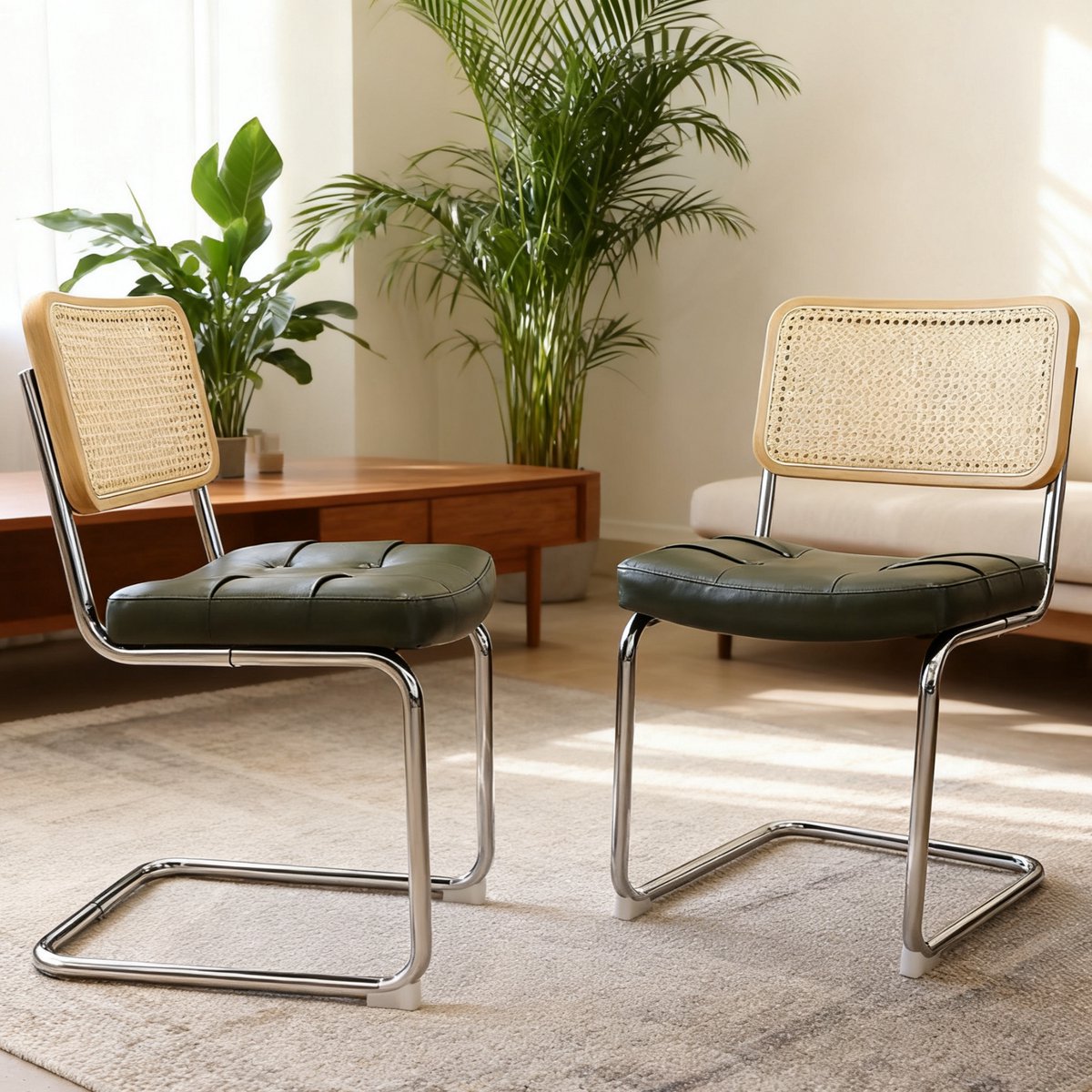 Wishdor Eetkamerstoelen - Set Van 2 Stoelen Met Verchroomd Frame - Stapelbaar Ontwerp - Gevlochten Rugleuning - Groen Groente
