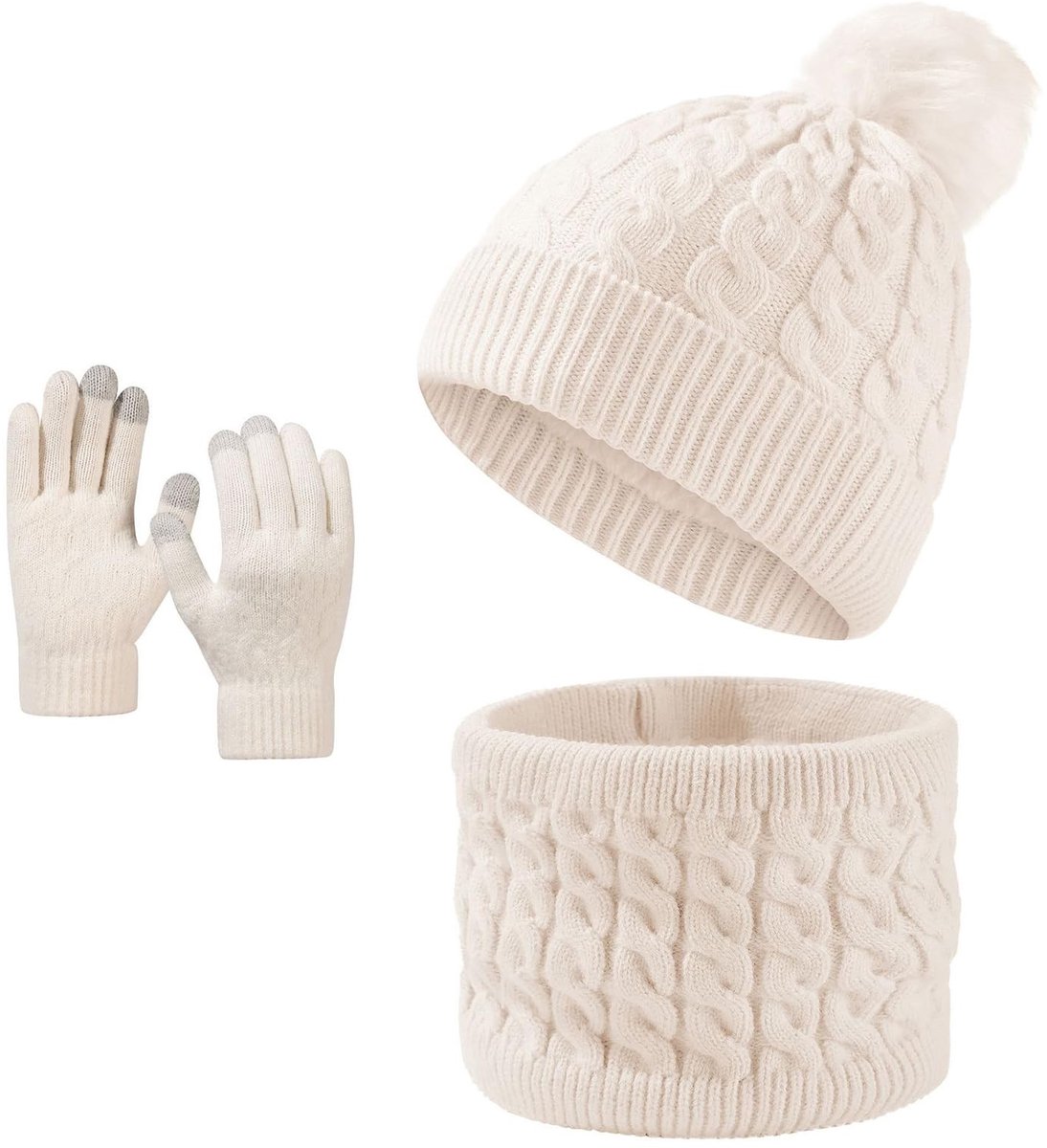 Dailygoods- Kindermuts Dubbellaags voor Extra Warmte - Sjaal - Handschoenen - Fleece Pompon - Gevoerd - Touchscreen - Winterset