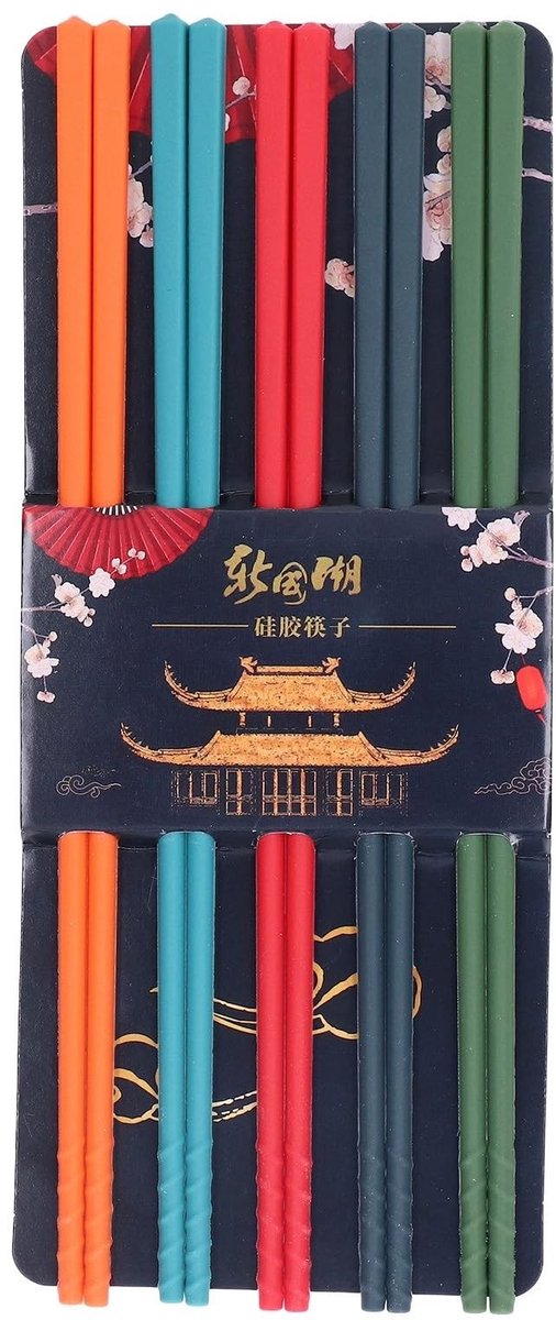 Dailygoods- Eetstokjes Set 5 Paar - Siliconen/Roestvrij Staal - 24 cm - Antislip - Vaatwasserbestendig - Kleurige Eetstokjes - Chopsticks