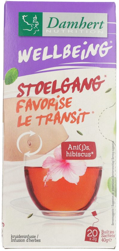 Damhert Wellbeing, stoelgang, le transi, met hibiscus, steranijs en munt. 20 kruideninfusie zakjes.