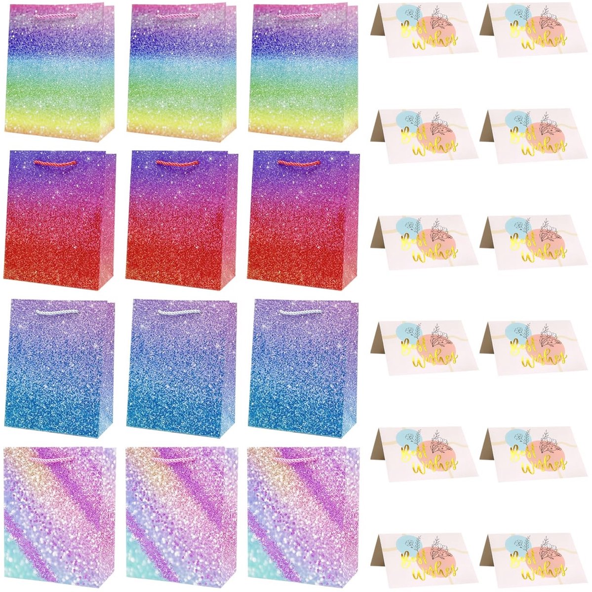 Dailygoods- Geschenkzakjes 12 stuks - Papieren Zakjes 23 x 18 x 10 cm - Wenskaarten 12 stuks - Creatieve Verpakking - Duurzaam Papier - Geschikt voor Verjaardagen - Cadeauzakjes