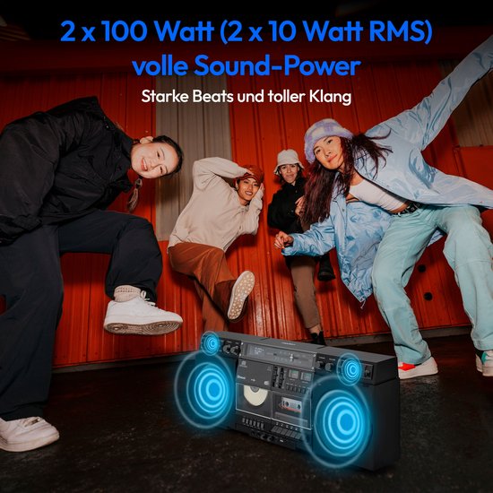MEDION P66538 Cassetterecorder (retro boombox met cd-speler, jaren 80, groot, USB, SD, cd, cassette MC, DAB+ radio telescopische antenne, Bluetooth, cassettedeck, opnamefunctie, werkt op batterijen)