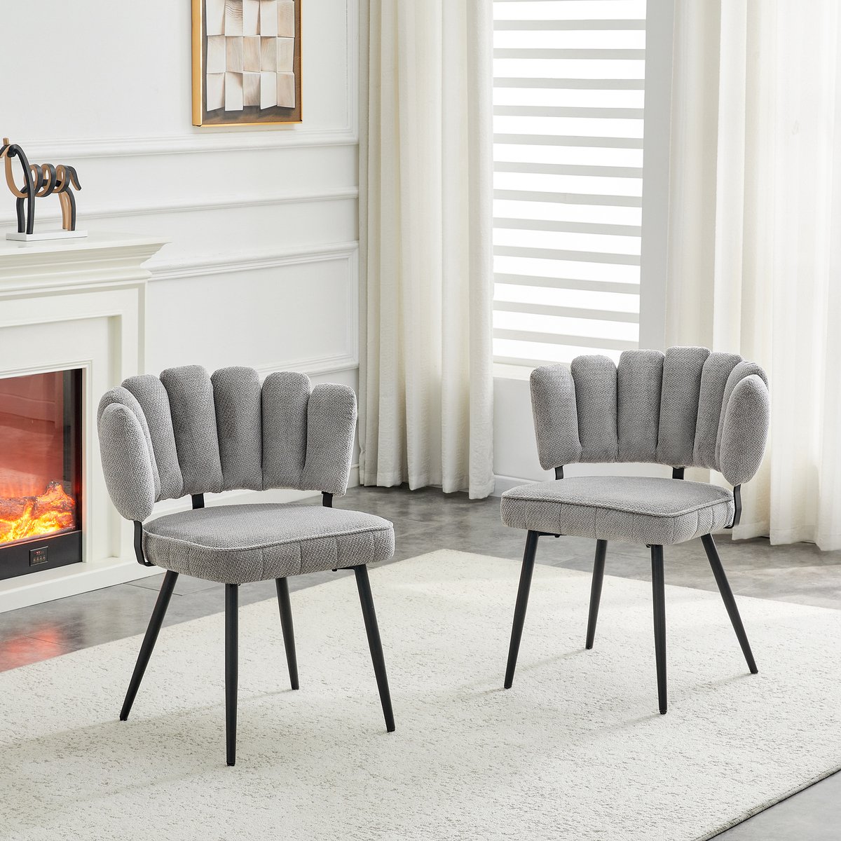 MODFU Eetkamerstoelen - Waaiervormige Rugleuning - Gestoffeerd - Modern - Eetkamer - Stof En Metaal - Lichtgrijs En Zwart Zwart, Grijs