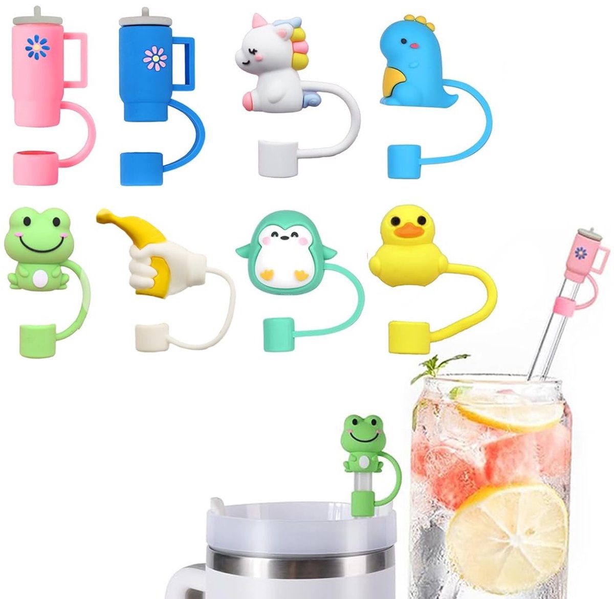 ZEYNOMAX- Rietjes Herbruikbaar 8 Stuks - Rietjesbeker - Rietjes Plastic - Rietjes Schoonmaakborstel - Rietjes met Diameter 8-10 mm - Draagbaar en Schattig Design - Drinkrietjes