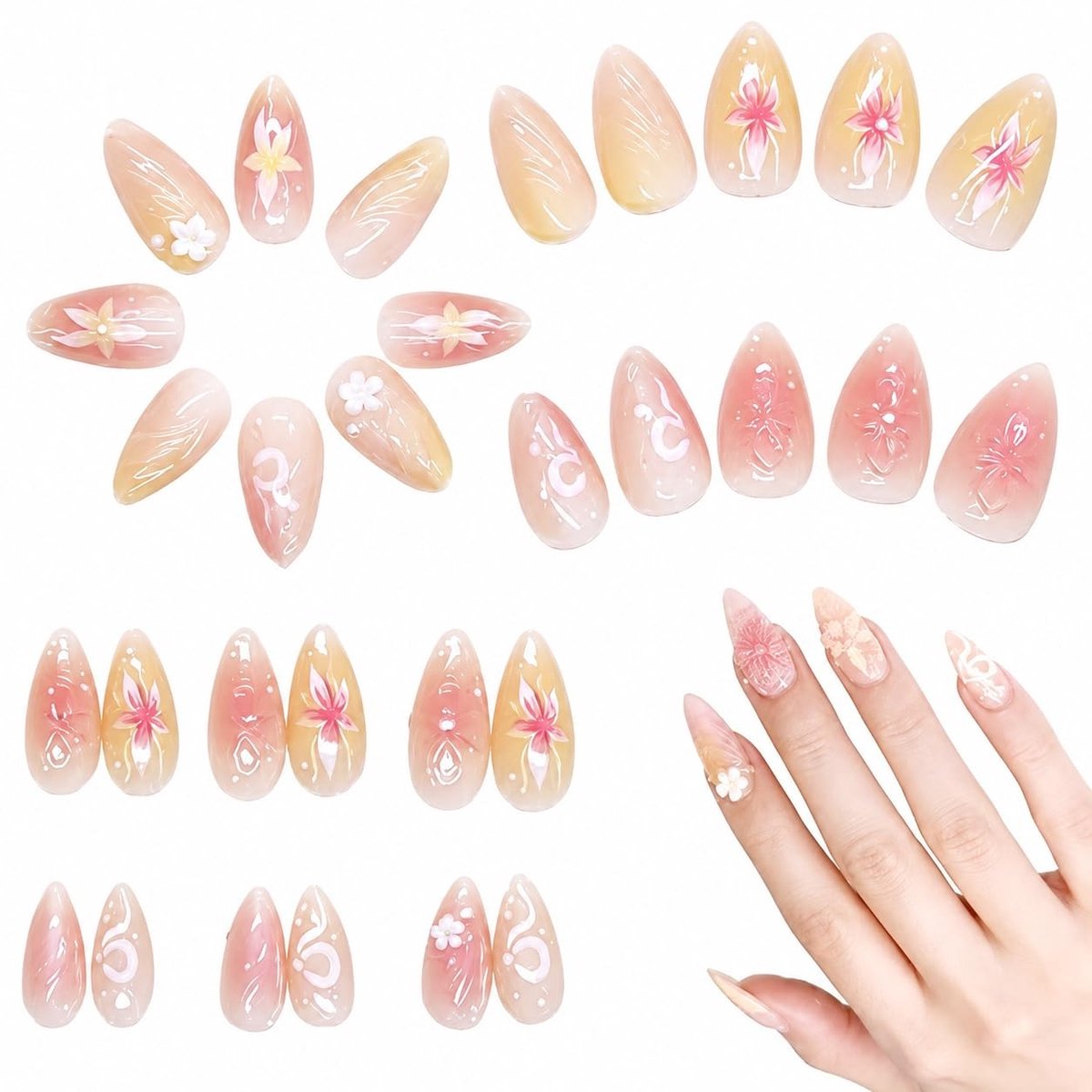 ZEYNOMAX- Kunstnagels 24 Stuks - Amandelvorm - Bloemenontwerp - Pastelkleuren - Handgemaakt - Geschikt voor DIY Manicure - Press-on Nagels