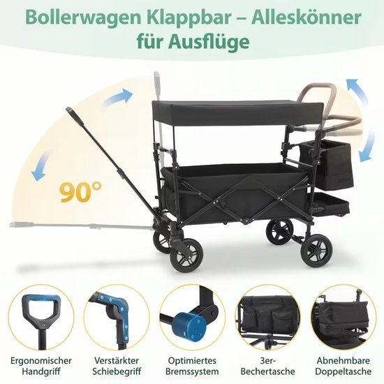Opvouwbare Handkar met Dak 100kg 150L - Wielen met Rem, Verstelbaar Handvat - Voor Familiecamping, Winkelen en Tuinieren-Zwart. — afbeelding 5