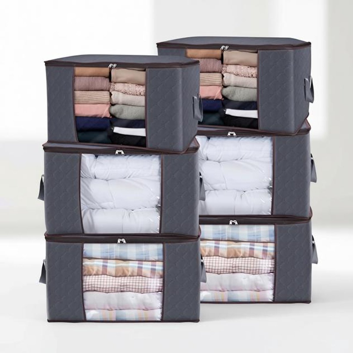ElleMooi 6 stuks 90L opbergtas met deksel, opvouwbare opbergbox voor dekbedden, dekens en kleding, verhuisdoos, onderbed/kast, grijs