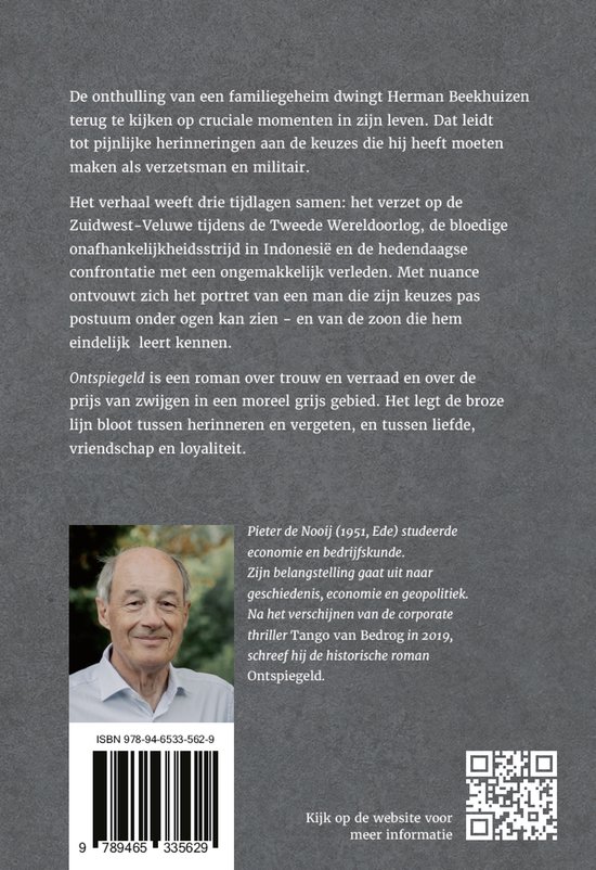 Foto van Pieter de Nooij, auteur van 'Ontspiegeld', met de ISBN-barcode en QR-code.