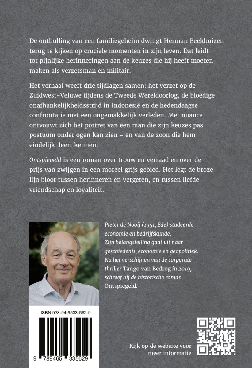Foto van Pieter de Nooij, auteur van 'Ontspiegeld', met de ISBN-barcode en QR-code.
