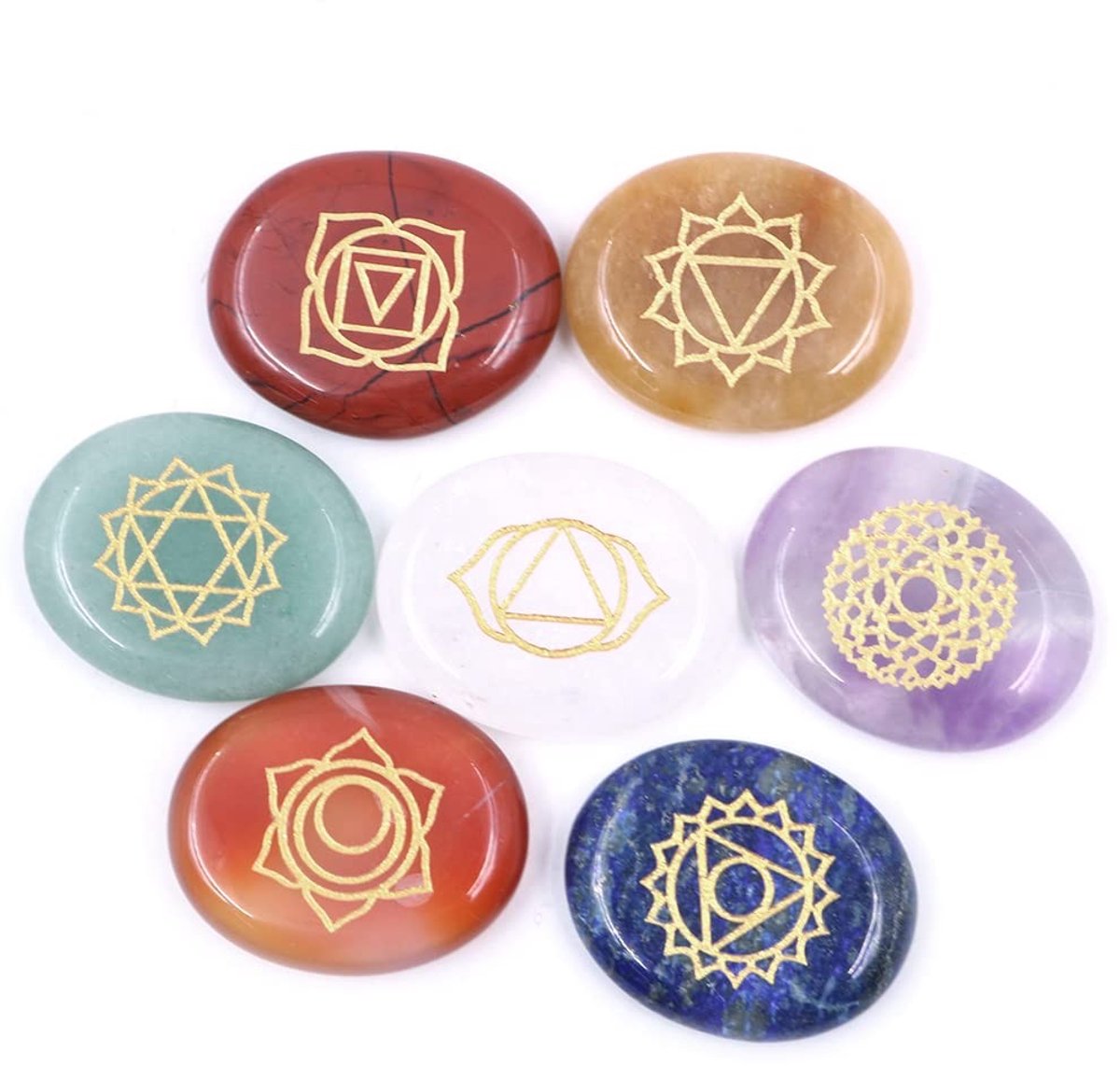 LAUZY- Chakrastenen Set 7 Stuks - Gepolijste Genezende Stenen - Goud Gegraveerde Chakra-Symbolen - Holistische Gezondheidszorg - Platte/Ovale Vorm - 25 x 22 mm - Geneesstenen