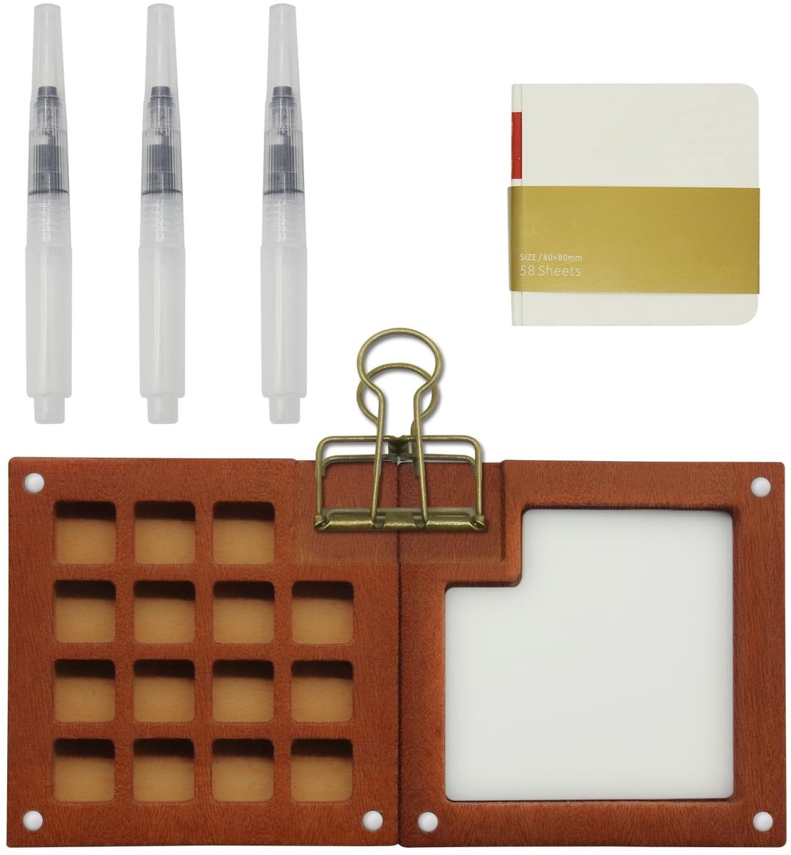 Dailygoods- Aquarelpaletten Draagbaar Ontwerp - Aquarel Set - Houten Verfdoos - 15 Roosters - Waterpennen - Tekenboek - Aquarelset