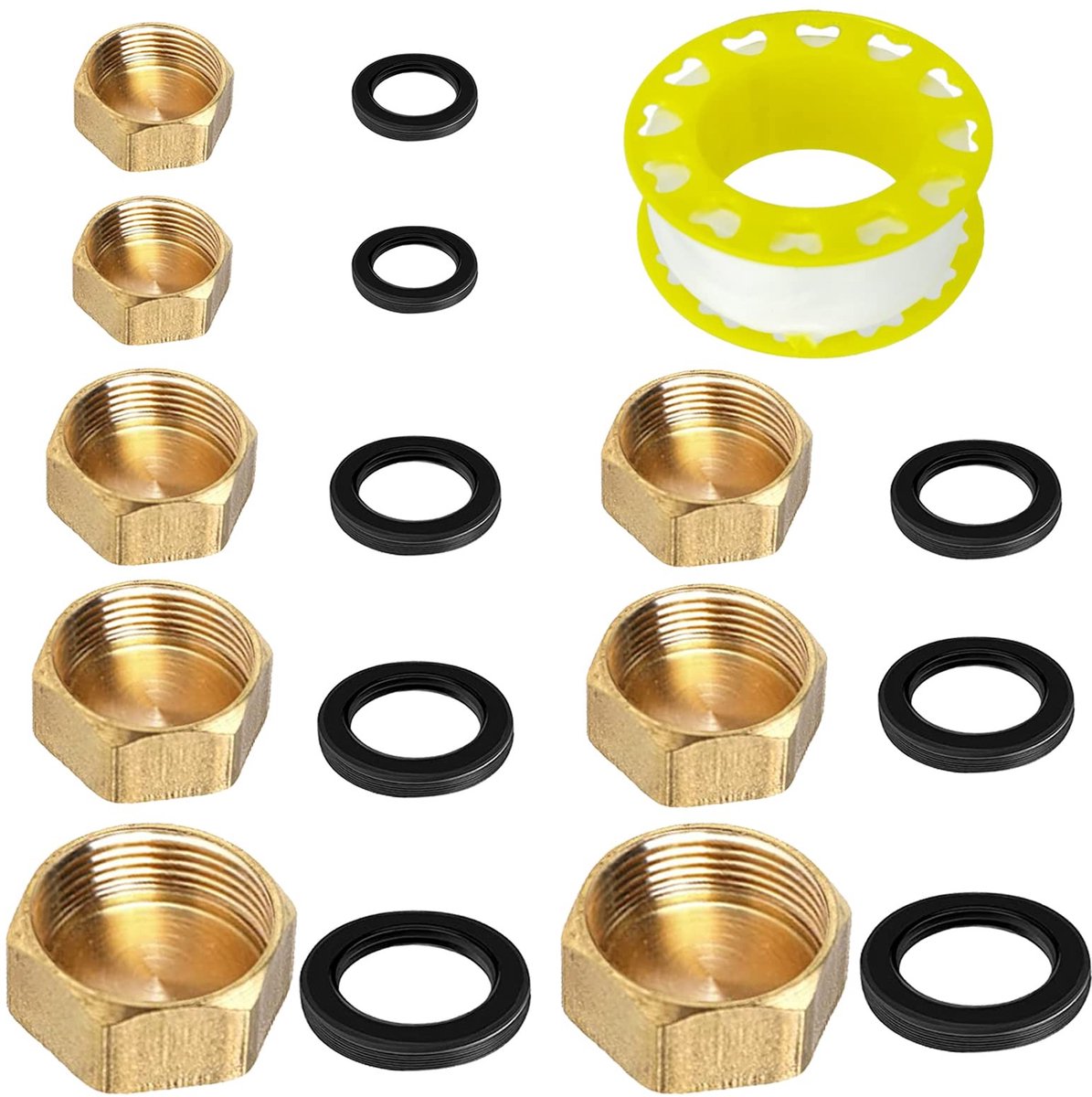 Dailygoods- Female Plug Set van 8 - Messing Doppen - Geschikt voor Verwarming/Drinkwater - Hexagonaal Ontwerp - Inclusief Rubber Disc - Duurzaam en Corrosiebestendig