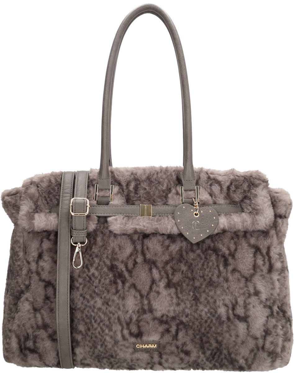 Charm London Stockholm Laptoptas - Faux Bont - 15.6 Inch Laptopvak - Werktas - Schoudertas - Bag Charm - Dames - Schooltas - A4 - Grijs slangenprint