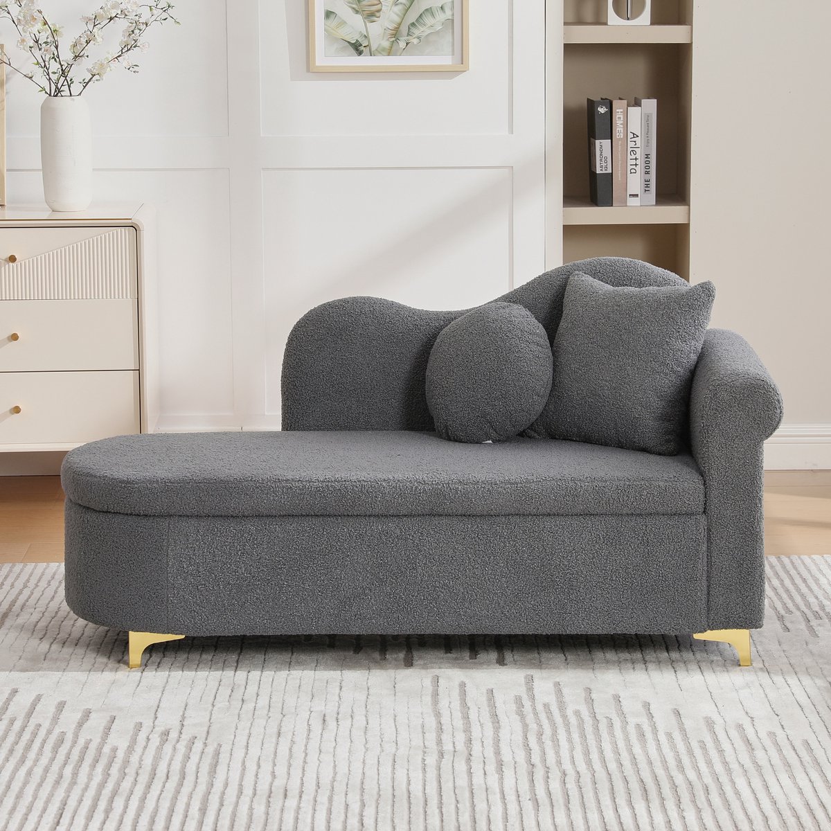 HAUSS SPOLE Chaise Longue - Relaxbank Met Opbergruimte - Loungestoel Met Kussens - Voor Woonkamer En Leeshoek - Teddypluche Antiekgrijs