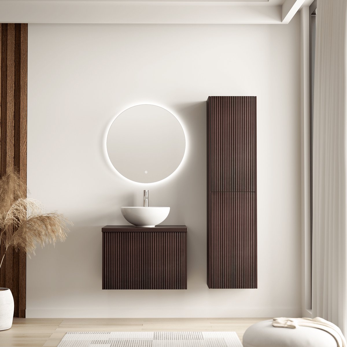 LOMAZOO Badmeubelset Ribbel Walnoot 60 cm - Waskom Wit - Badkamermeubel Set Bruin Geribbeld - Wastafelmeubel - Waskom Opbouw - Badkamerkast hoog [TROPANI]