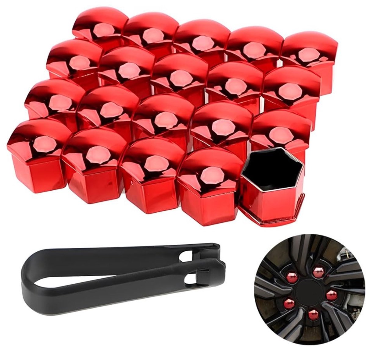 JHUBERS- Wielmoerkap 17 mm - 20 Stuks - Robuust en Duurzaam - Inclusief Verwijdertool - Rood - Hoogwaardige Polypropyleen - Wielmoerkappen