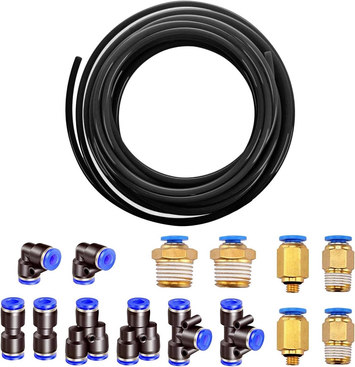Pneumatische PU-slang 10 m, Flexibele Geperste Lucht Slang, 4 mm Extern, 2.5 mm Intern, Inclusief 8 Pneumatische Verbinders en Snelsluitingen voor Compressed Air Systemen