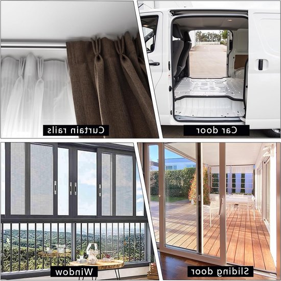Collage van gordijnen, camper interieur, gesloten schuifdeuren, en een glazen schuifpui.