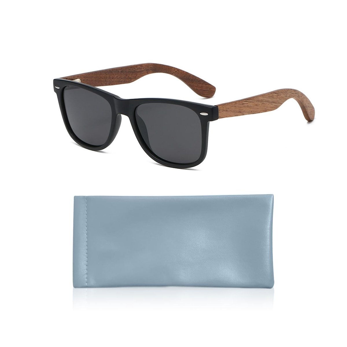 Retro Houten Skizonnebril met Polariserende Lensen - Zwart - Inclusief Blauw Brilhoes
