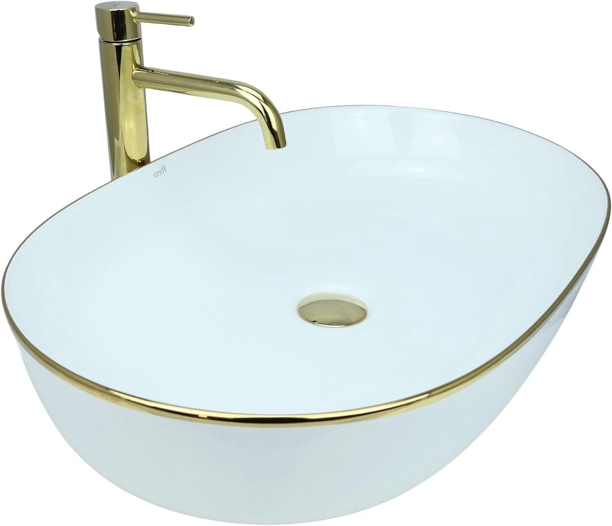 Keramische Wastafel - Opzetwastafel Badkamer - Modern Interieur - Krasbestendig Glazuur - 60.5x41x14 cm - Wit Goud