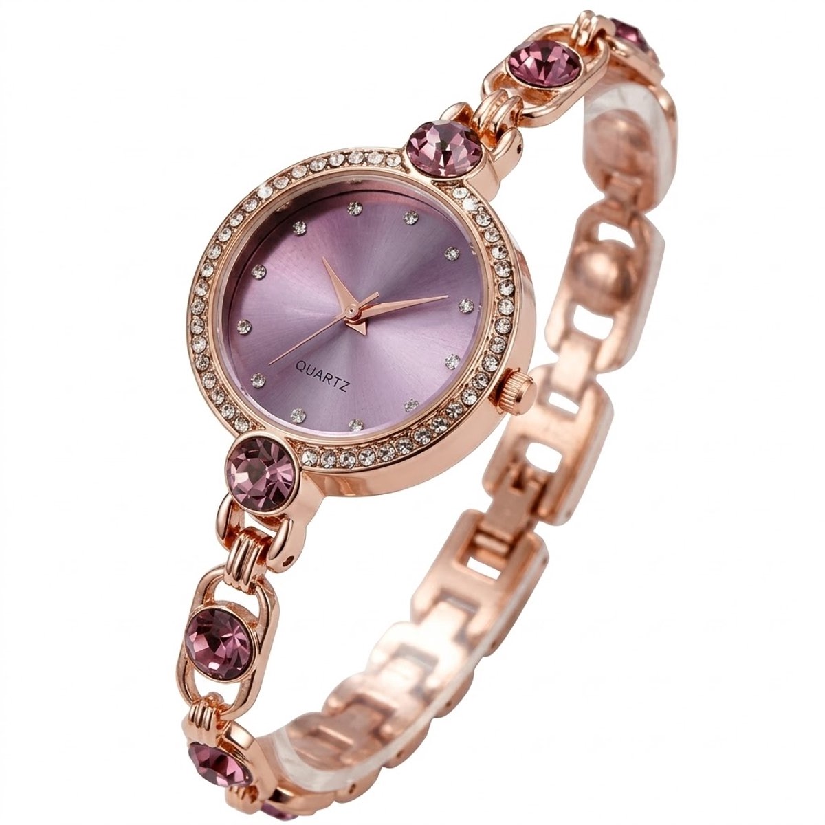 Paars goudkleurig analoog horloge dames - rond uurwerk met kristal accenten - smalle polsband met paarse stenen - quartz horloge