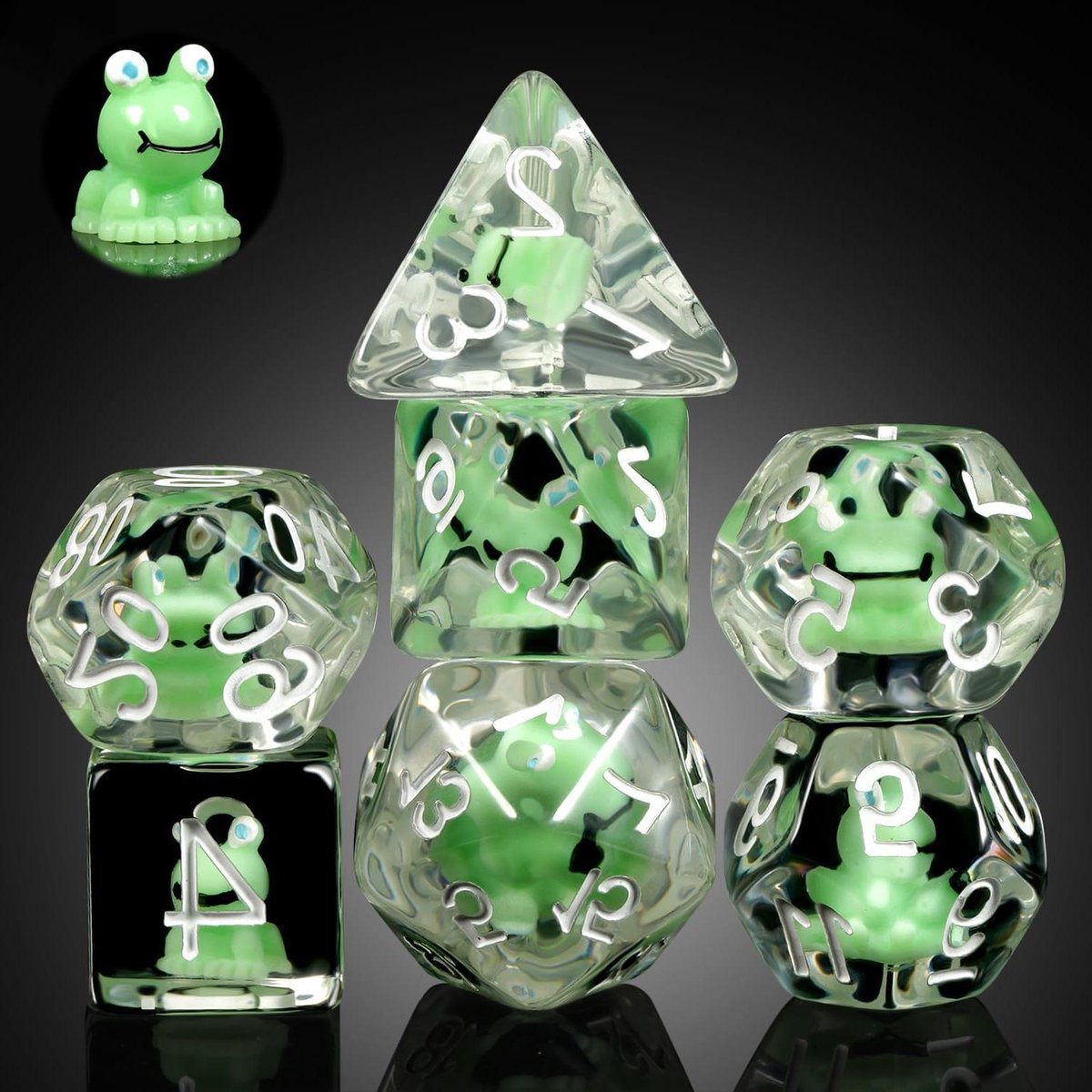 Kikker Dobbelstenen Set - RPG Dobbelstenen - Tafelspel Avonturen - Uniek Hars Ontwerp - 7 Stuks - Transparant