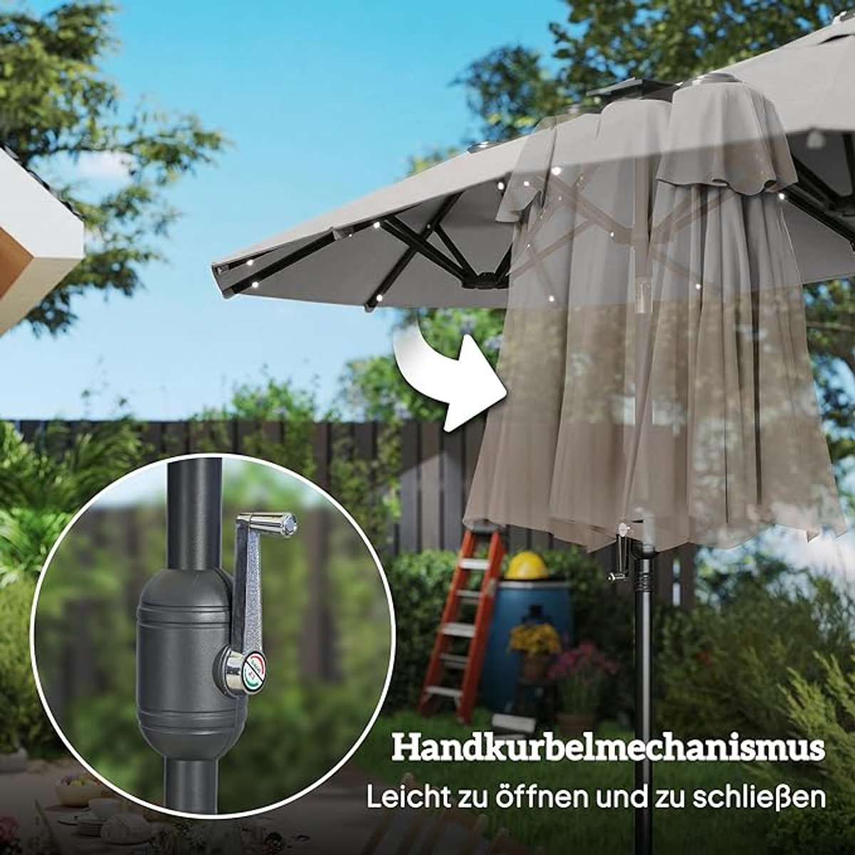 Rechthoekige Tuinparasol 210 x 140 / 300 x 200 cm – Bellavero Luxe Terrasparasol met Zwengel, 30° Kantelbaar, Waterafstotend, UV50+, 6 Ribben, Robuust Roestvrij Stalen Frame, Opvouwbaar, Outdoor Pa...
