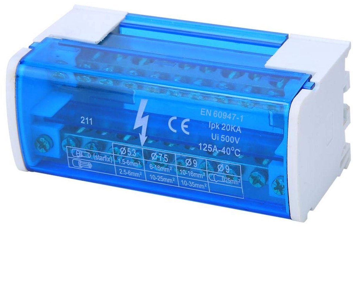 Distributor Box Terminal Block 2-gang 125A/500V met Transparante Deksel