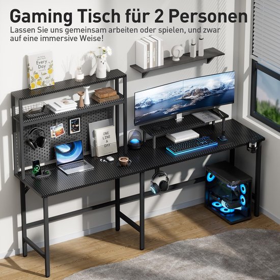 Gamingtafel met led - Hoekbureau computertafel - Thuiswerken gamen - Met opzetrek monitorstandaard - 150 x 100 cm - Zwart koolstofvezel — afbeelding 2