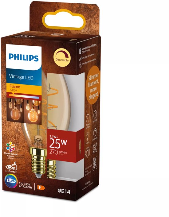 Emballage de l'ampoule bougie Philips Vintage LED. Avec image de l'ampoule et spécifications techniques.