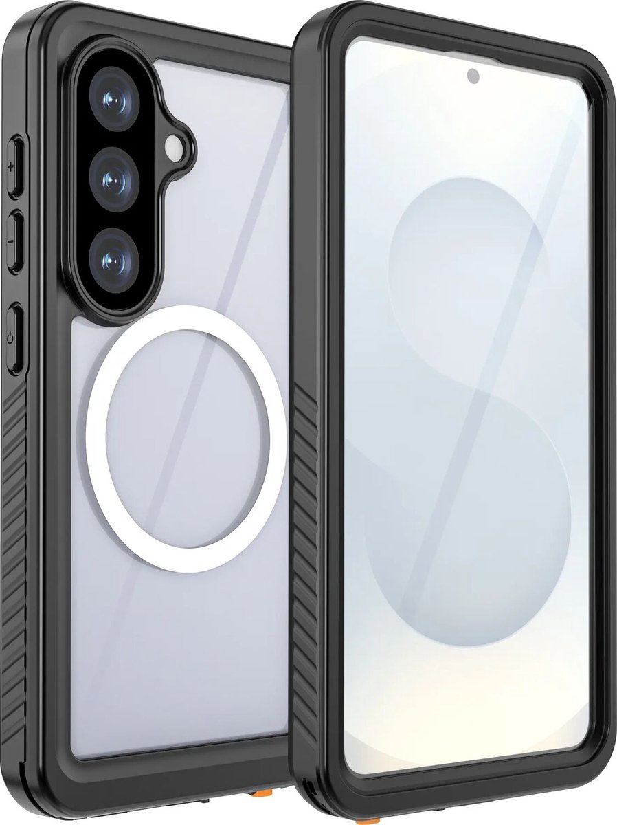 SBG Waterdicht Hoesje geschikt voor Samsung Galaxy S26 - Compatibel met MagSafe / Qi2 - Outdoor Case - Onderwater tot twee meter - IP68-gecertificeerd - Transparant/Zwart