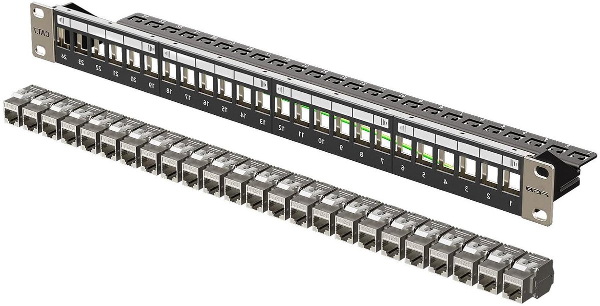 FGB 10 Gbps 24 poorten CAT7 patchpaneel met 24x Cat7 Keystone Module afgeschermd, 19 inch rackinbouw RJ45 LAN-netwerk 600 MHz installatiekabel voor gigabit-netwerkswitch