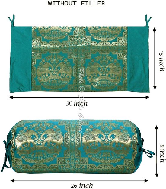 Ethnic Tubular Sofa Bolster Cushion Covers Emerald Green Gold Elephant Roll Cushion Silk Round Tube Cushion Flowers Decorative Brocade Cushion Covers - (76x38cm) - Set of 2 — afbeelding 4