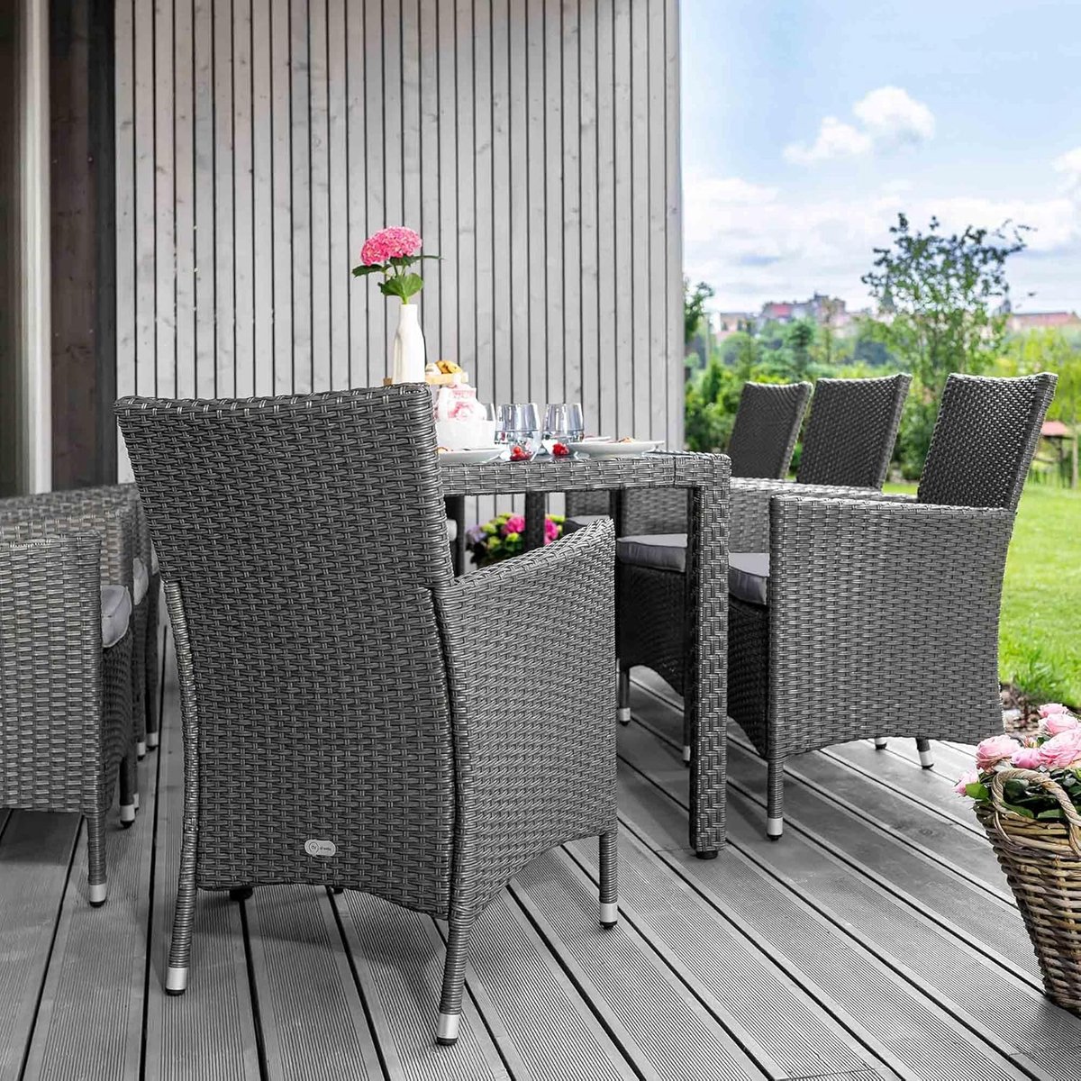 Lounge tuinset Depauwonen Verona – 8-persoons polyrotan zitgroep voor tuin en terras met glazen tafelblad – comfortabele loungeset in grijs, weerbestendig en onderhoudsvriendelijk